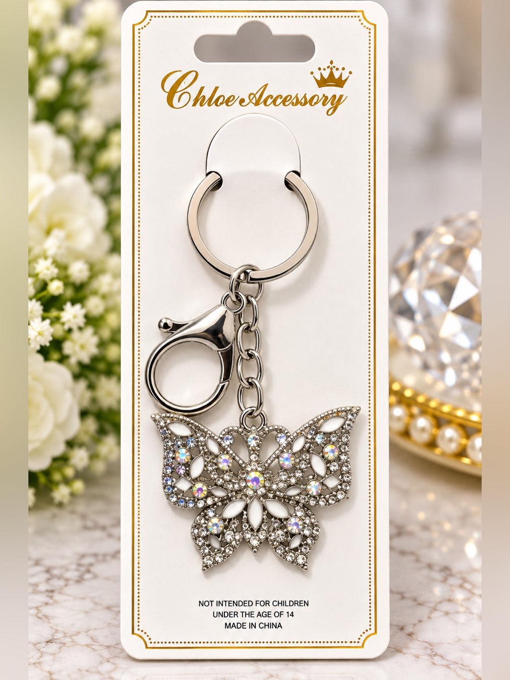 Chloe Accessory NWT Silver White Rhinestone Butterfly Keychain Bag Charm